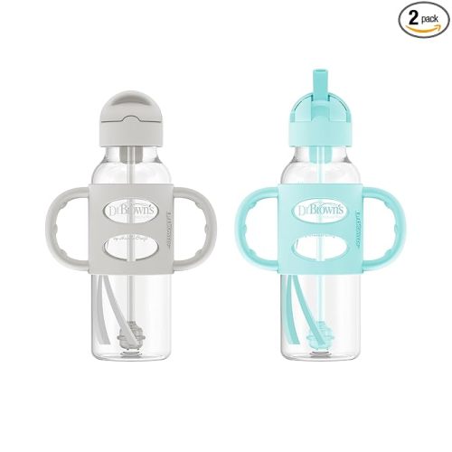 Dr. Brown's Milestones Narrow Sippy Straw Bottle, Spill-Proof with 100% Silicone Handles and Weighted Straw, 8 oz/250 mL, Gray/Green, 6m+