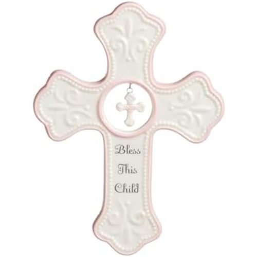 DEMDACO Bless This Child Wall Cross, Porcelain, Pink, 7 x 5 in