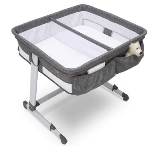 Simmons Kids by The Bed City Sleeper Bassinet for Twins - Adjustable Height Portable Crib with Wheels & Airflow Mesh, Grey Tweed