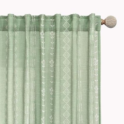 Light Green Curtains for Office,Boho Farmhouse Floral Sage Sheer Linen Cute Curtains for Bedroom Living Room Nature Pattern Cottage Core Decor 84 Inches Long