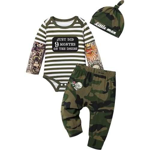 Baby Boy Clothes Tattoo Sleeve Funny Romper Bodysuit+Pants 3PCS Infant Outfits Set