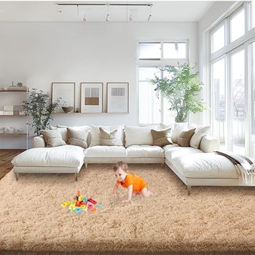 Area Rugs 9x12 Living Room, Large Fluffy Area Rugs for Bedroom, Soft Carpet Shag Kids Room Rug, Non-Slip Fuzzy Rugs Indoor (Light Tan, 9ft x 12ft)