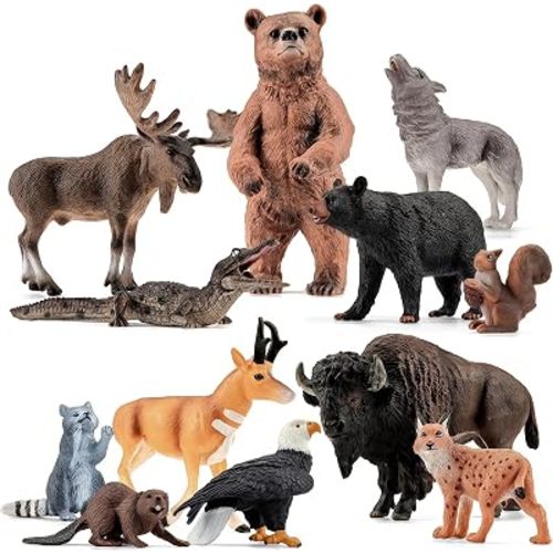 12PCS Large North American Animal Figurines, Realistic Safari Woodland Jungle Animals Figures Toys Includes Crocodile,Wolf,Bear,Deer Cake Toppers Birthday Gift Party Favors Toys for Toddlers
