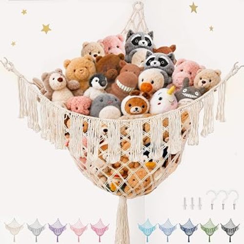 Lare Stuffed Animal Storage Hammock Corner Net - 45" W x 45" H(Cream White)