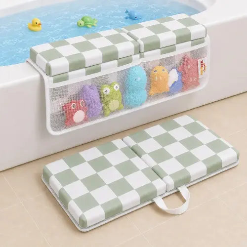 Bath Kneeler and Elbow Rest Pad Set - 1.5'' Thick Baby Bath Kneeler Pad, Foldable Memory Foam Kneeling Pad (Green Checkerboard Pattern)