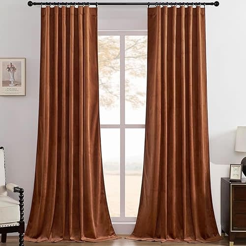 Timeper Burnt Orange Pleat Back Tab Velvet Curtains W52 x L84 inches 2 Panels, Room Darkening Solid Home Decor Curtains for Bedroom Living Dining Room Thermal Insulated Luxury Super Soft Window Drapes