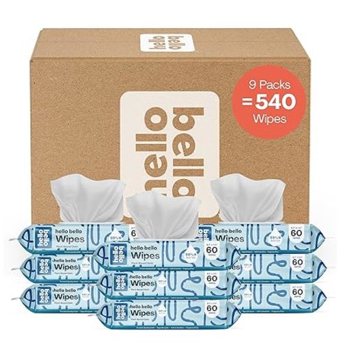 Hello Bello Extra Gentle Unscented Baby Wipes, Plant Based, Made with 99% Water and Aloe for Babies and Kids, 60 Count (Pack of 9) Total 540 Count