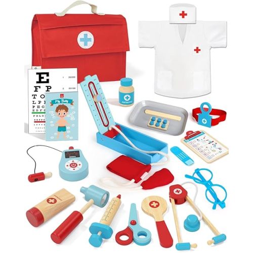 Lehoo Castle Doctor Kit Kids Wooden, Toys for 3+ Year Old Boys, Pretend Play Dr Set, Kids Doctor Playset, Medical Kits with Stethoscope, Gifts for Toddlers Girls Ages 3 4 5 6