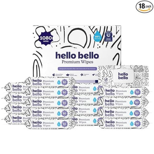 Hello Bello Premium Wipes, Designed for Sensitive Skin with Chamomile & Aloe Extracts, Playful Sketches (18 Resealable Packets = 1080 Total Wipes)