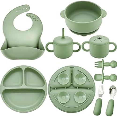 Silicone Baby Feeding Set, Baby Led Weaning Supplies, Eating Essentials Utensils with Suction Plate and Bowl, Pocket Bib, Sippy Cup with Lid, Forks Spoons Snack Container, for 6+ Months, Green