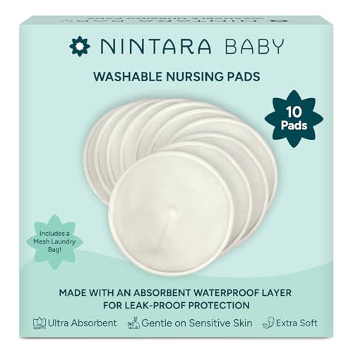 Nintara Baby Reusable Nursing Pads – 4-Layer Organic Bamboo Cotton, Ultra-Soft, Absorbent & Leak-Proof, Contoured Comfort Fit, Pack of 10 with Laundry Bag