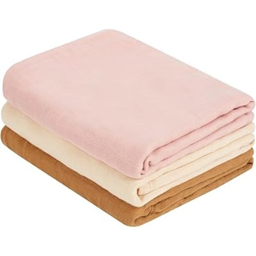 Muslin Swaddle Blankets, Nursery Receiving Blanket for Newborn, Baby Swaddle Wrap Soft Silky & Breathable, 3 Packs, 47 X 47In (Pink & Coffee 3 Pieces)