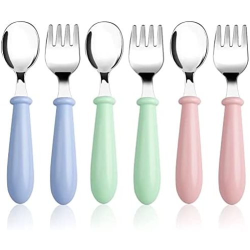 6 Pieces Toddler Utensils Stainless Steel Forks and Spoons Baby/Kids Silverware Children's Flatware Kids Cutlery Set with Round Handle for LunchBox, 3 x Safe Forks,3 x Children Spoons