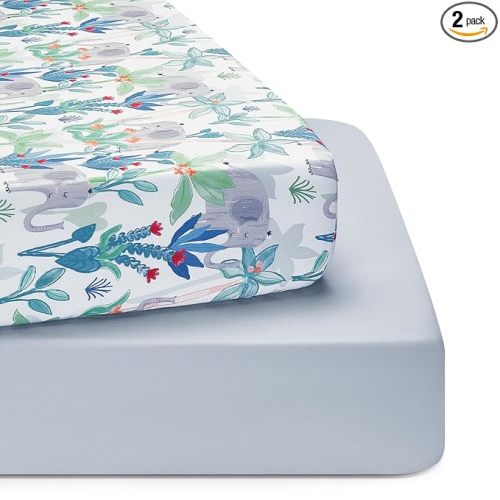 TILLYOU Baby Crib Sheets for Boys Girls, Super Soft Toddler Bed Sheets, 2 Pack Sheets for Standard Crib Mattress 28x52in, Rainforest Elephant