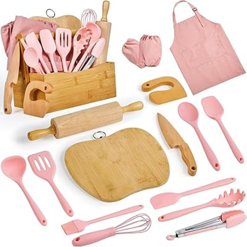 Pulcher Kids Cooking and Baking Sets Real, with Storage Basket, Coral Pink