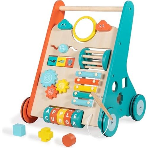 LOL-FUN Push Walker for Baby 12 Months Wooden Toy with Wheels-Orange/Blue | baby learning walking wooden walker with wheels activity center 1 year old montessori