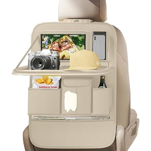 Car Seat Organizers,Multi-functional Back Seat Protectors, Storage Pouches, and Tray Holders (for Cars, Kids, Seat Back and Rear Seats) (Plain Beige, 1 Pcs)