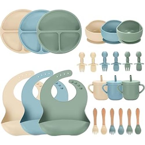 24 PCS Silicone Baby Feeding Set, Baby Led Weaning Supplies Includes Suction Bowls and Divided Plates, Adjustable Silicone Bib, Spoons&forks, Training cup with straw (Green+Blue+Beige)