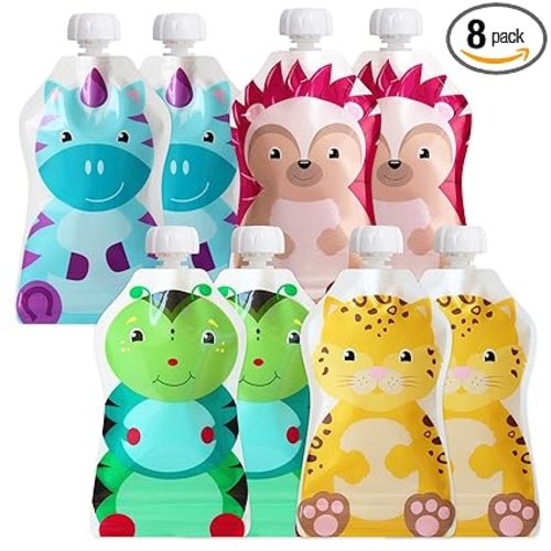 ChooMee Reusable Baby Food Pouches | BPA Free | Refillable Toddler Squeeze Pouches for Homemade Purees, Applesauce & Yogurt | Double Zipper, Easy Fill & Wide Bottom | 8CT, 5oz SnakPack FreshSquad