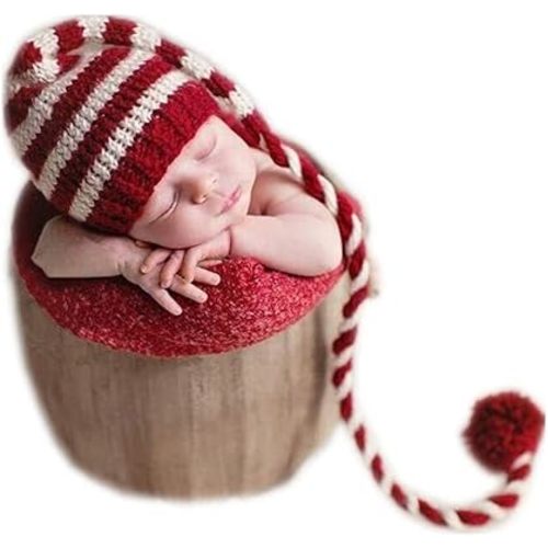 Coberllus Newborn Baby Photography Props Photo Props Outfits Crochet Christmas Long Tail Hat for Girls Photography Shoot