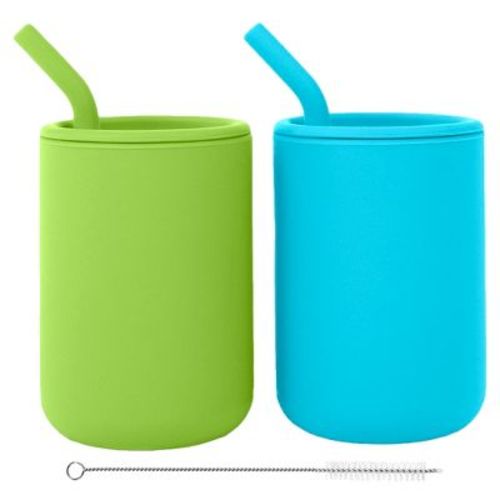WeeSprout Silicone Baby Cups With Straws and Lids, 4 & 8 oz Options, Set of 2, Food Grade Toddler Training Container, Built In Straw Stoppers