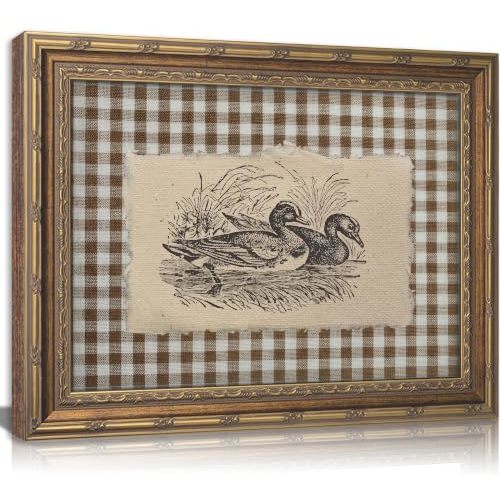 Vintage Gold Framed Wall Art, Brown Gingham Sketch Ducks Canvas Prints, Retro Rustic Farmhouse Animal Picture Wall Decor, Country Cottagecore Goose Poster Artwork for Living Room Bedroom