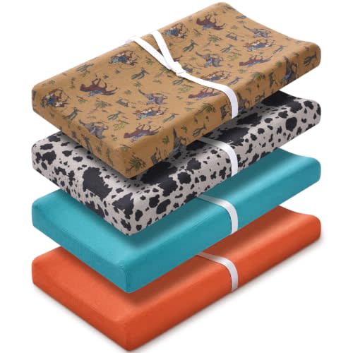 4 Pcs Western Cowboy Baby Changing Pad Covers for Boys and Girls Stretchy Soft Diaper Changing Table Pad Cotton Cover Breathable Comfy Baby Cradle Sheets Nursery 32 x 16 x 5 Inch