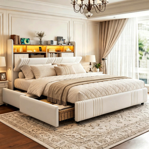 Latitude Run® Bed Frame With Hidden Storage Headboard & 4 Drawers, 49.2” Tall Upholstered Wingback Headboard With Led Lights And Charging Station, No Box Spring Needed, Solid Wood Slats | Wayfair