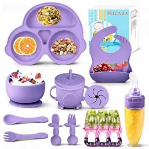 Silicone Baby Feeding Set,Miicasa Baby Led Weaning Supplies Kit With Suction Bowl & Car Plate, Bib, Spoon, Fork, Cup - Food-Grade Silicone, Dishwasher-Safe, No BPAs - For 3+ Months