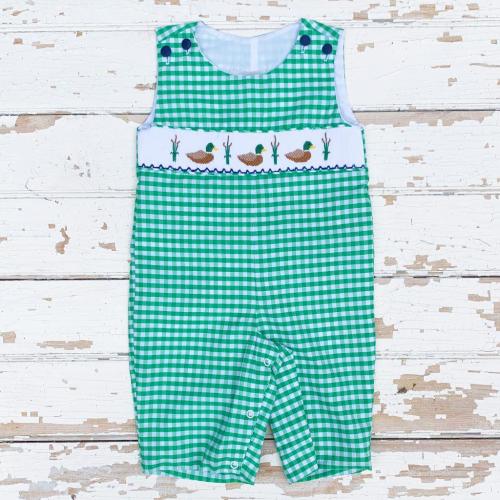 Smocked Mallard Duck Longall Baby Toddler Boy Duck Hunting Fall Hand Smocking Long Romper Green Gingham