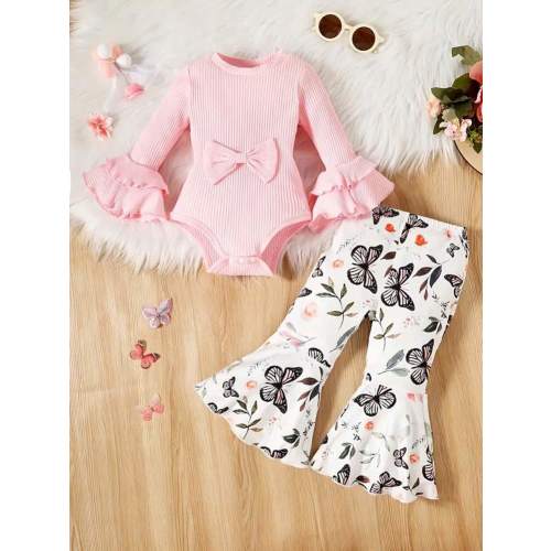 Baby Girl Pink Harem Bodysuit With Butterfly Print And Flared Pants Outfit, Fall/Winter | SHEIN USA