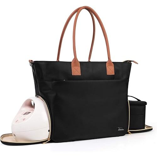 Teamoy Breast Pump Travel Bag, Leather Handle Pumping Tote Compatible with Spectra S1,S2, Medela and Cooler Bag, Laptop Breast Pump Storage Bag for Working Moms, Black (PU Handle)