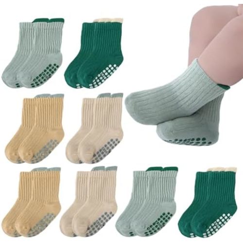 8 Pairs Baby Toddler Socks Non-Slip Grip Socks for Boys Girls Newborn Infant Baby Cotton Crew Sock with Grips 0-5T