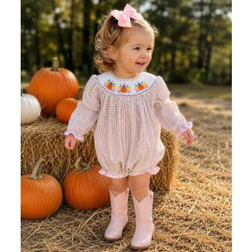 Turkey Smocked Bubble for Thanksgiving - Tan and Pink, Matching sibling options, Long Sleeve Bubble Romper, Baby Girl, Heirloom, 641 *B