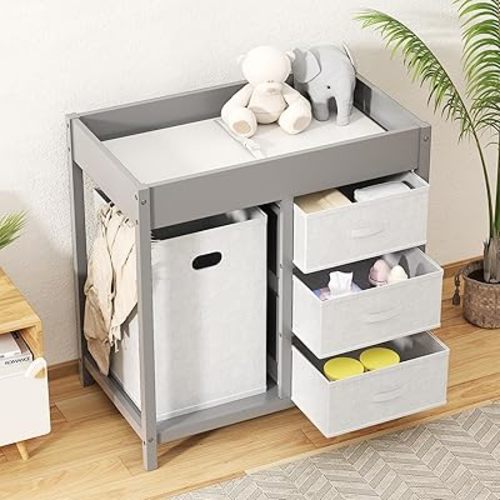 KORIMEFA Baby Changing Table, Diaper Changing Station for Infant with Laundry Hamper, 3 Removable Storage Baskets and Waterproof Changing Pad, Grey