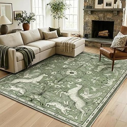 Lahome Dorval 6x9 Washable Deer Rug, Boho Woodland Nature Area Rug, Non Slip Low Pile Soft Green Carpet for Living Room Dining Room Bedroom Office Nursery Cottagecore Decor