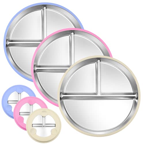 Rycid 3-Pack Stainless Steel Baby Plates with Suction, BPA-Free Stainless Steel Kids Plates, 9” Divided Toddler Plate for Dishwasher Safe, Non-Slip Silicone Base, Detachable Design (Blue, Pink, Beige)