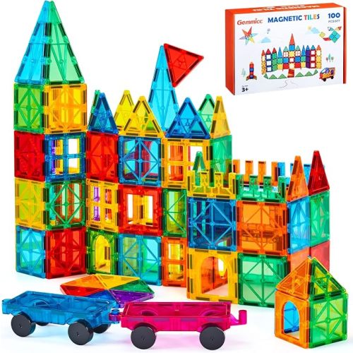 Gemmicc 100 PCS Magnetic Tiles with 2 Cars, STEM Approved Educational Magnet BuildingToys, Magnet Puzzles Stacking Blocks for Boys Girls