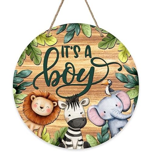 It's A Boy Baby Jungle Animal Front Door Sign, New Birth Gender Reveal Safari Lion Zebra Elephant Wood Door Hanger Decor, Newborn Shower Party Wooden Wreath Indoor Wall Hanging Decoration