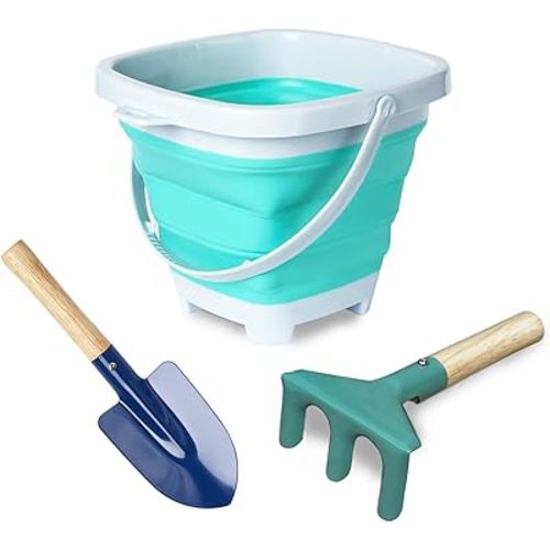 3 Pieces Collapsible Beach Bucket for Kid Toddler,Toddler Outdoor Toys Shovel and Rake Made of Metal for Kids Beach Travel
