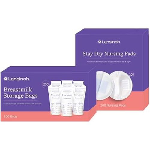 Lansinoh Pump & Protect Breastfeeding Essentials Bundle – 200 Leak-Proof Breastmilk Storage Bags (6 oz, Freezer Safe) + 200 Disposable Nursing Pads for Breastfeeding Moms