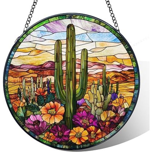 Western Cactus Flower Stained Glass Window Hanging, Western Desert Landscape Suncatchers, Southwest Cactus Sun Catchers Indoor Window Glass Wall Art Hanging Decorations, 7.9x7.9in