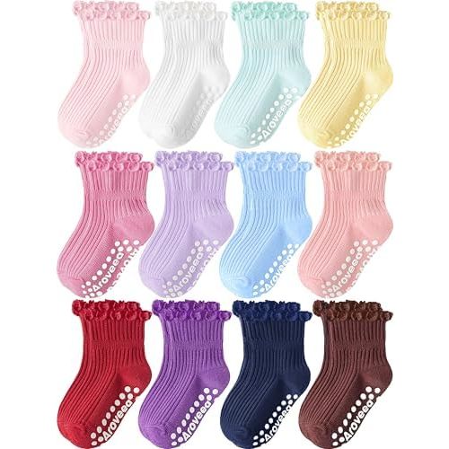 Aroveea Baby Toddler Girls Socks Grip Ruffle Non Slip Girls Cotton 12 Pack Socks for Kids Cute Ankle 6M-7Years