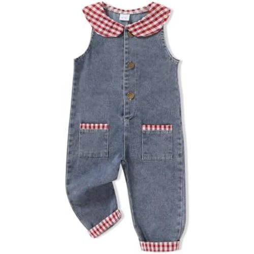 Happy Town Baby Girls' Denim Romper Sleeveless Jeans Jumpsuit with Contrast Trim Pockets for 6M-3T