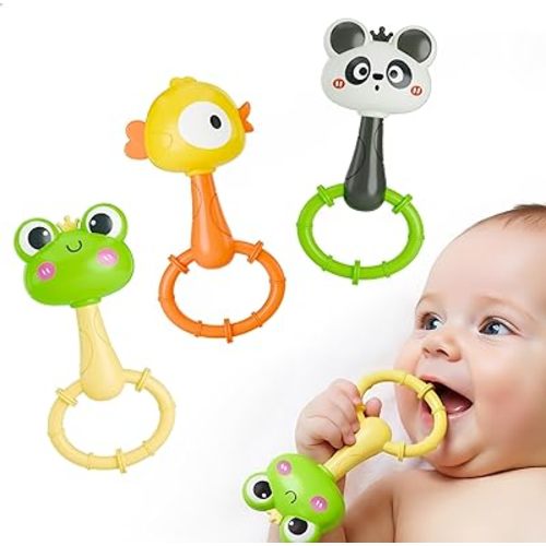 iPlay, iLearn Baby Maracas Rattle Toy, Infant Animal Shaker Rattles Set, Newborn Sensory Teething Rings, Tummy Time Carseat Stroller Crib Toy, Birthday Gift 3 4 6 7 9 12 18 Month Old Toddler Girl Boy