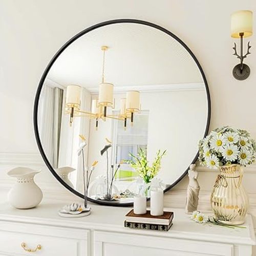 VooBang Black Round Mirror, 23" Circle Mirror, Round Wall Mirror with Simple Metal Frame, Modern Round Mirror Hanging for Bathroom, Bedroom, Entryway Wall Decoration
