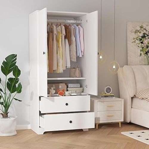 Garvee 71" Armoire Wardrobe Closet, Modern Wooden Bedroom Armoire with 2 Drawers & 2 Doors and Adjustable Shelves，Clothing Storage Cabinet with Aluminum Hanging Rod, Locker