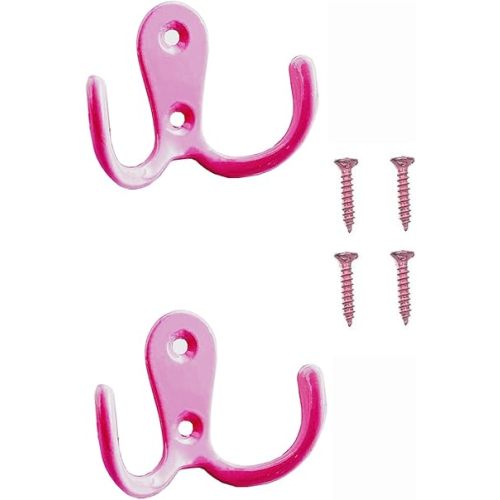 2 Pcs Double Prong Robe Hooks, Dual Coat Hooks Wall Mounted Hanging Clothes for Bathroom Bedroom Door Wall Retro Metal Cloth Hanger Double Coat Hooks with 4 Screws (Pink)