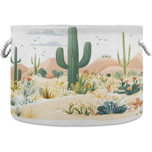YETTASBIN Desert Landscape Cacti Cotton Rope Basket Large Round Baby Laundry Basket Toy Blanket Books Storage Bin for Bedroom Bathroom Nursery Home Decor, 20 x 14 Inch