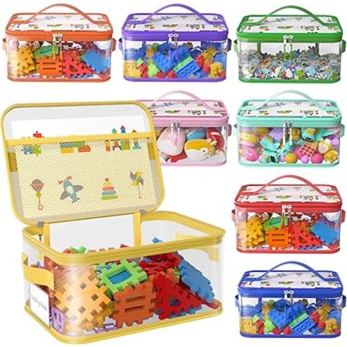 8 Packs Large Toy Storage Bags with Labels, Reusable Clear PVC Board Game Storage, Travel Waterproof Toy Organizer Bags with Name Tag and Manual Pocket for Building Blocks, Puzzle, Kids Books